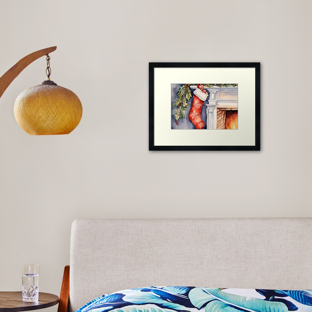 Christmas Stocking Fireplace Watercolor Design Framed Art Print