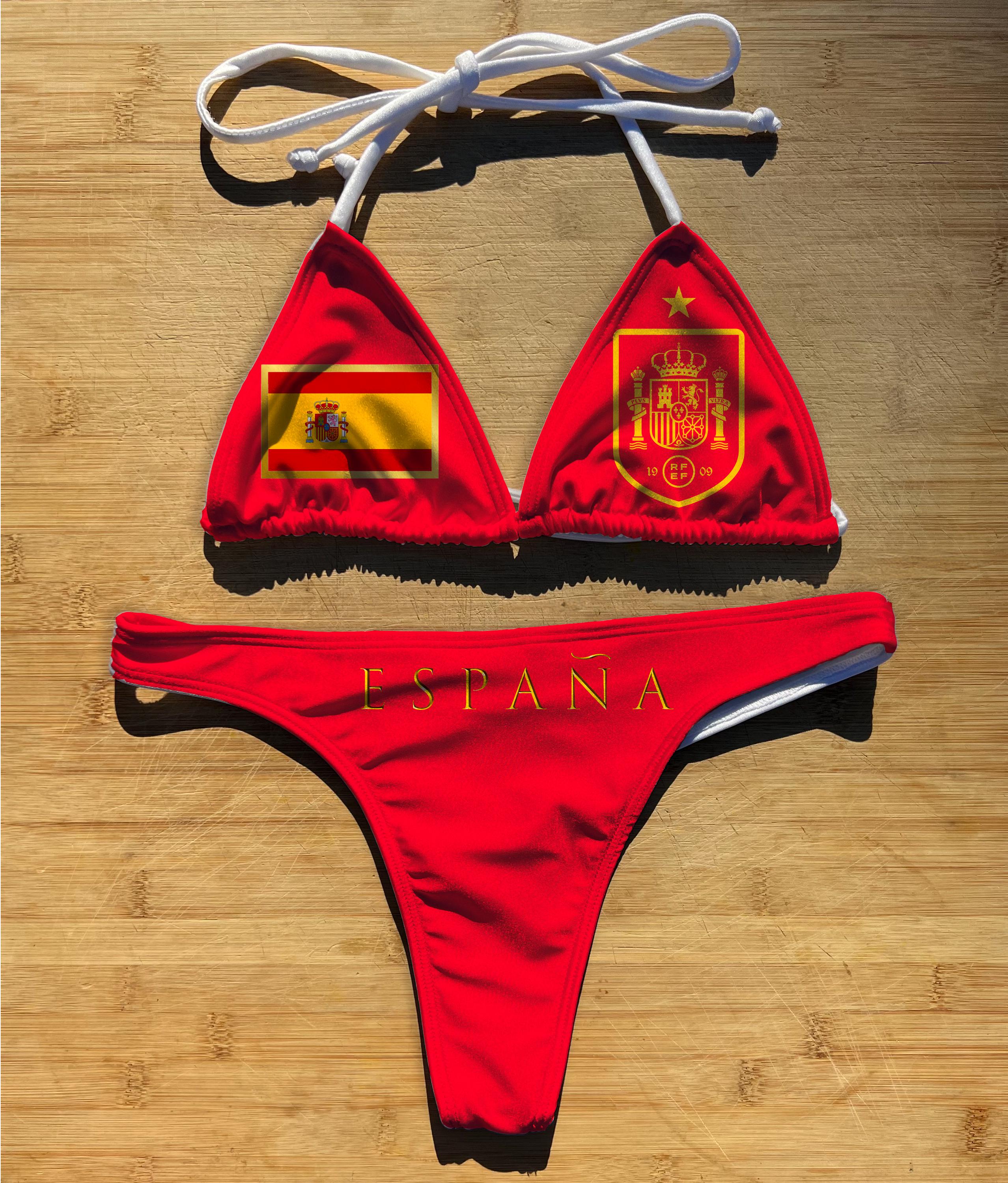 Swimwear Bikini 2 Piece Set | Spain Football | Thong Cheeky Full Coverage | Triangle String Tie Top Bathing Suit | Espaa Futbol Cup