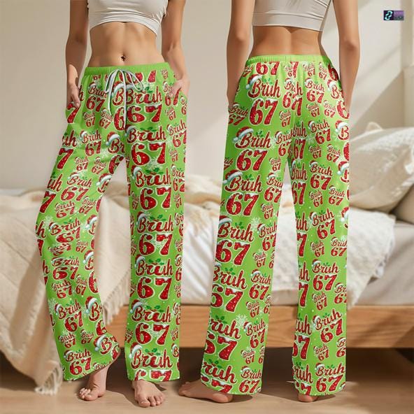 Bruh 67 Christmas Pajamas Pants, 67 Meme Pajamas Pants, Six Seven Christmas Pajamas Pants, Funny Christmas Pants, Funny Holiday Loungewear