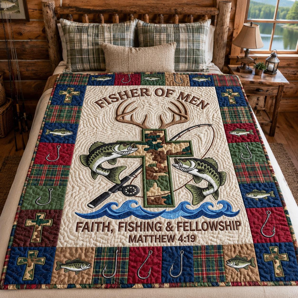 Christian Fishing Quilt Blanket, Fisher Of Men Faith Throw, 2D Printed Cabin Lake Bedding