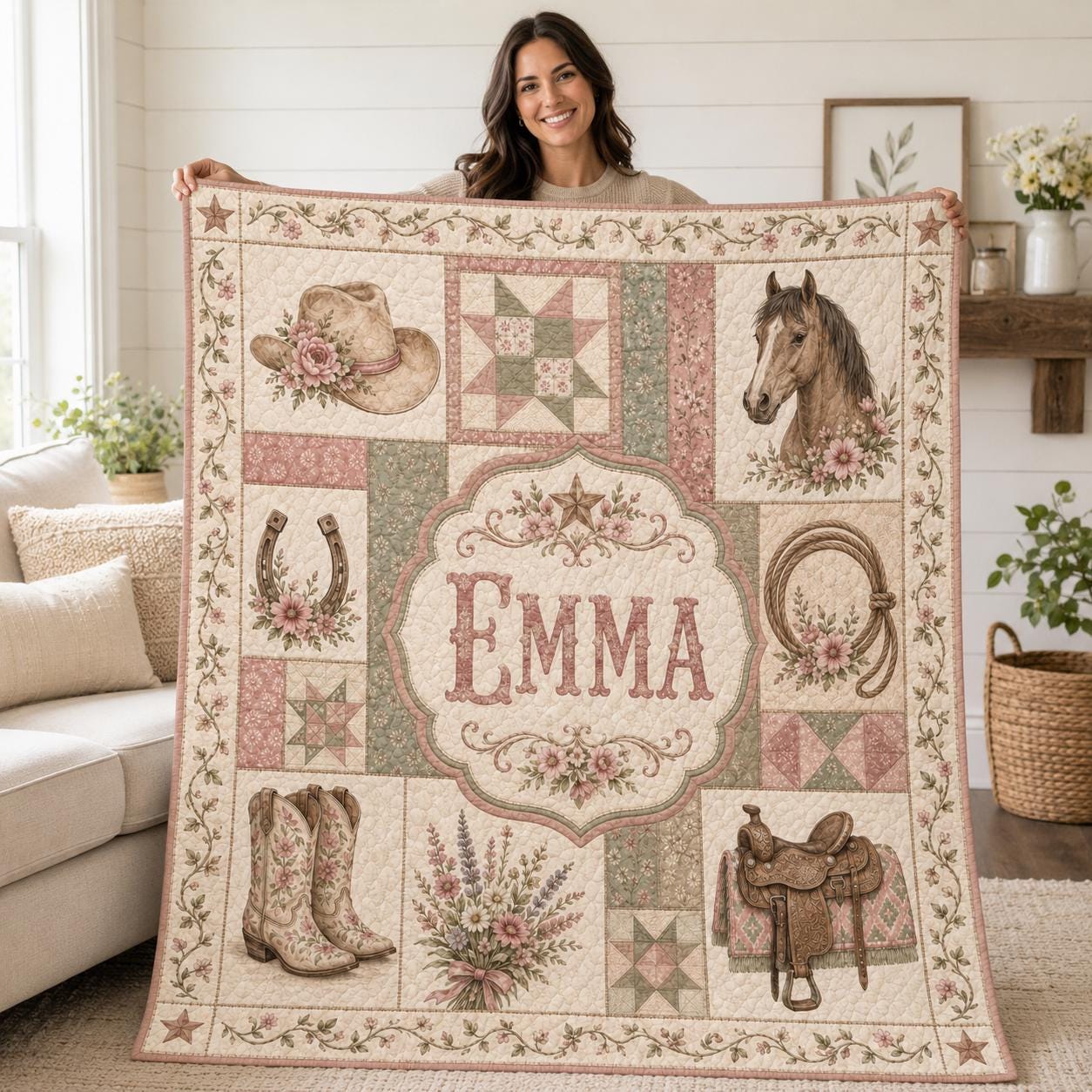 Personalized Cowgirl Patchwork Quilt, Western Floral Blanket, Custom Name Rustic Nursery Decor