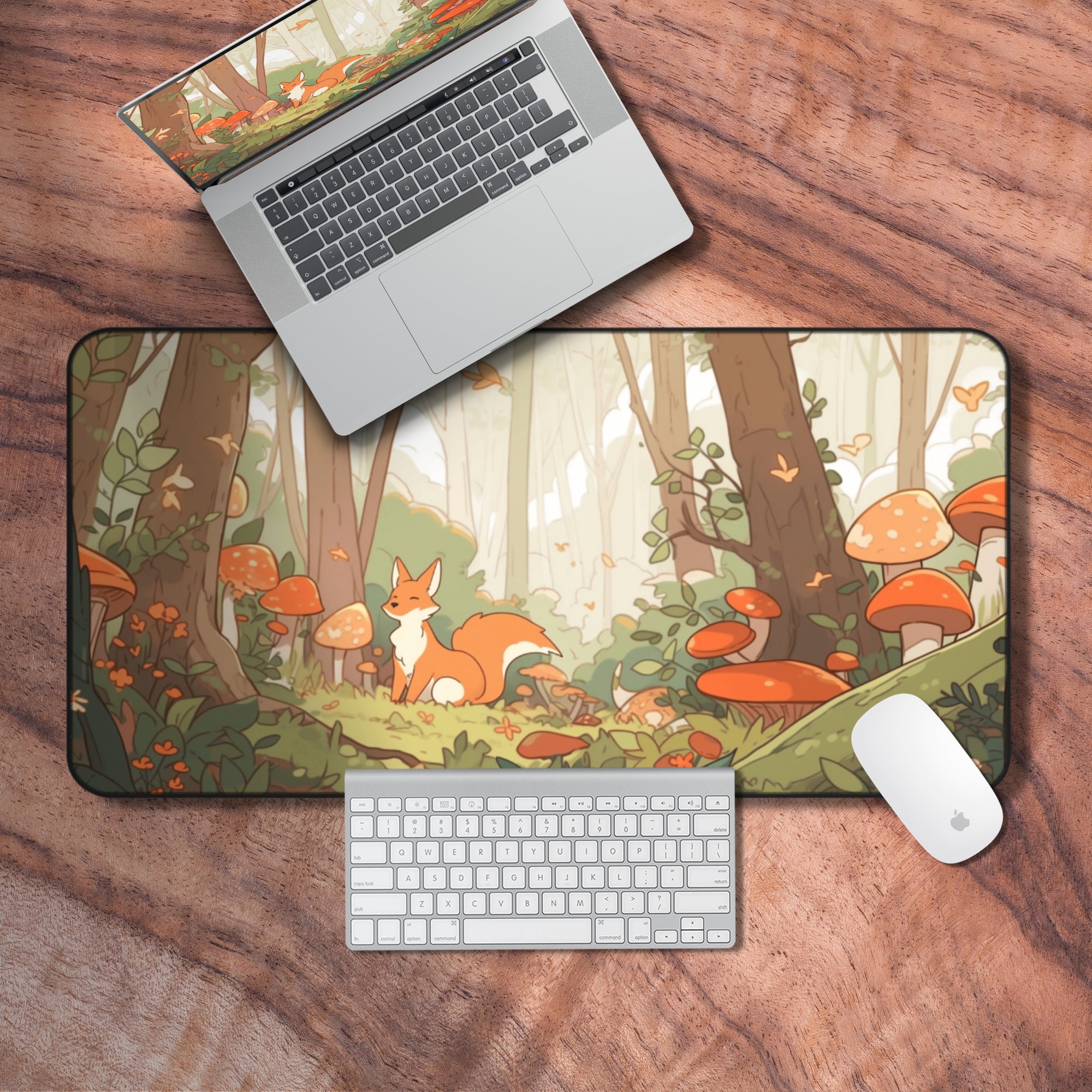 Lofi Desk Mat, Cozy Gamer Aesthetic Mouse Pad, Mushroom Forest Laptop Mat