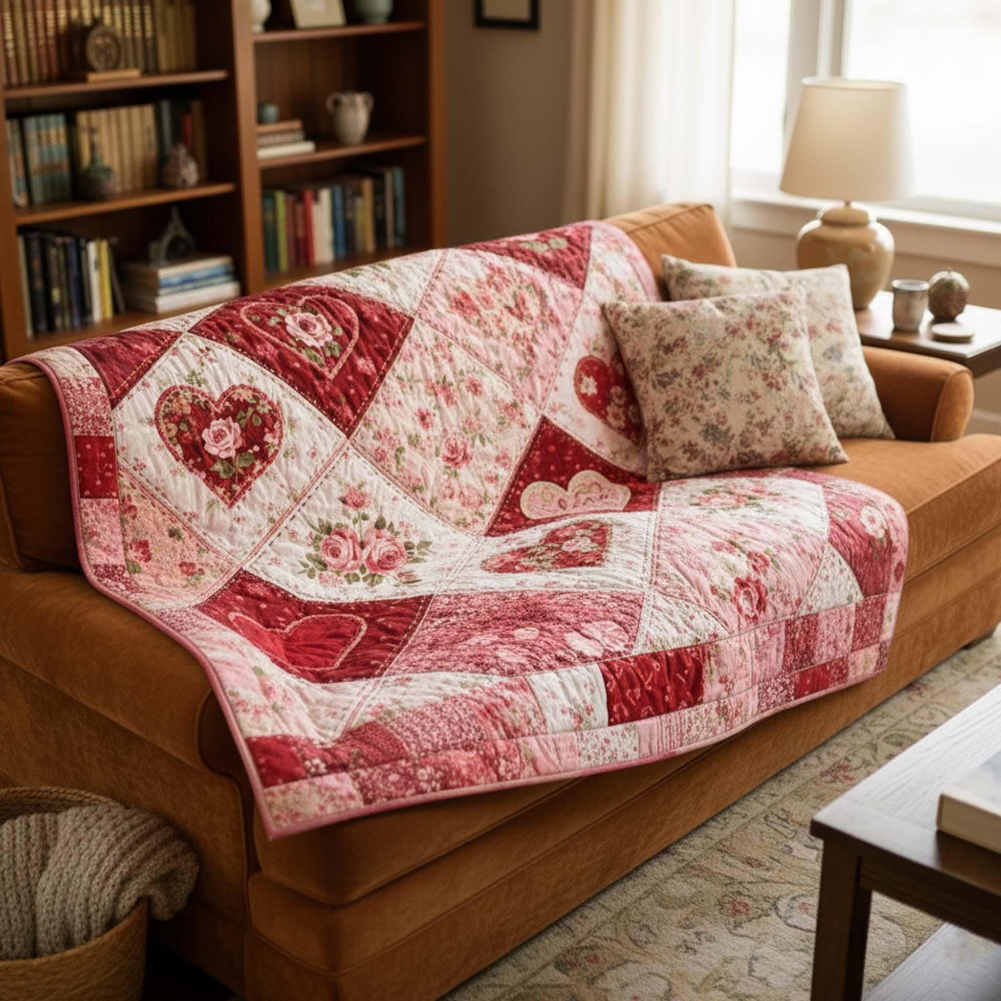 Floral Patchwork Quilt Blanket, Romantic Cottagecore, Vintage Rose Love Cover, Shabby Chic Sofa Blanket, Valentine Gift
