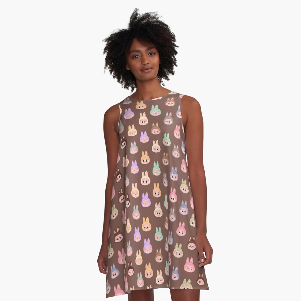 Labubu face pattern brown background A-Line Dress, Gift for Her