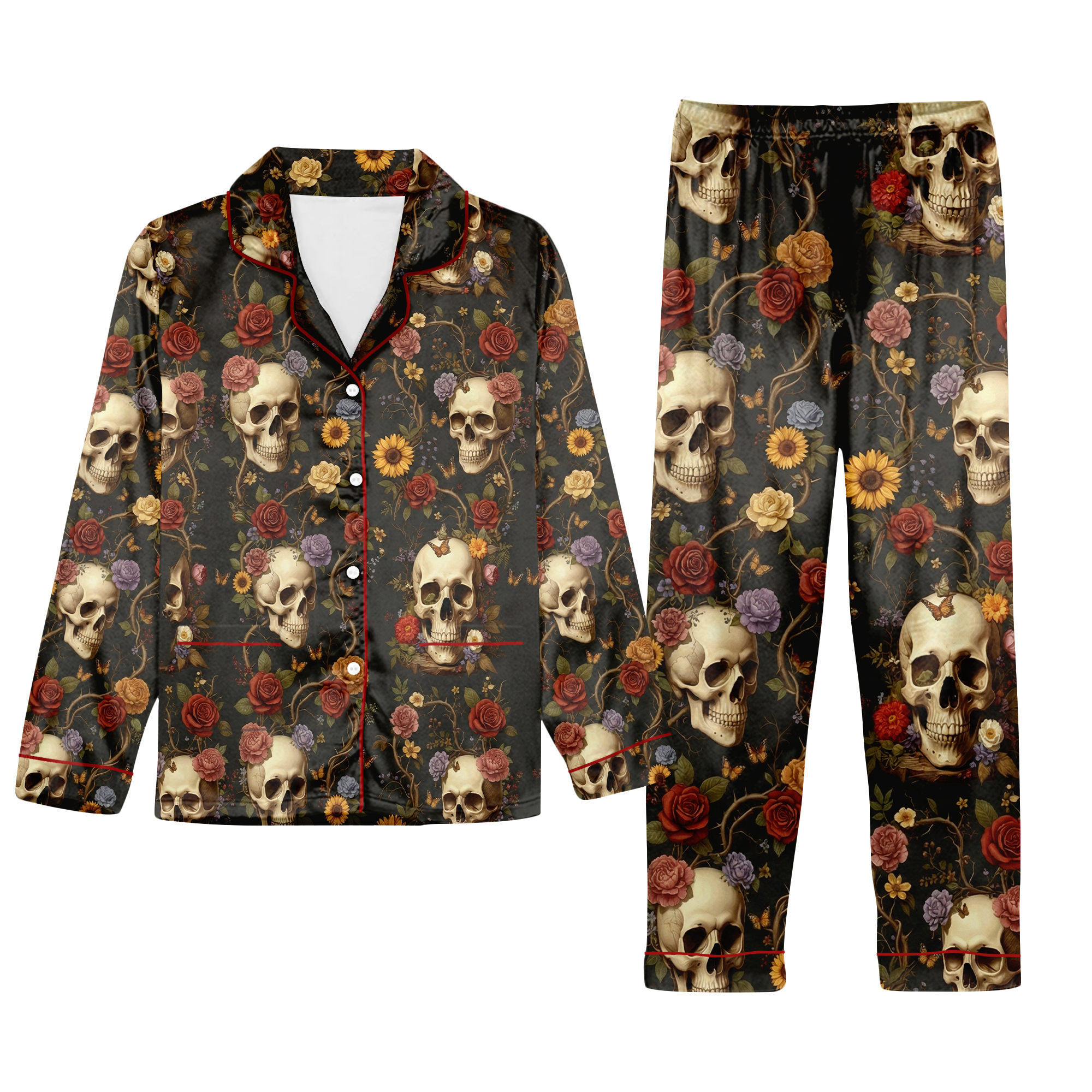 Floral Skull All-over Print Satin Pajamas Set, Halloween Theme Pajama Set For Women
