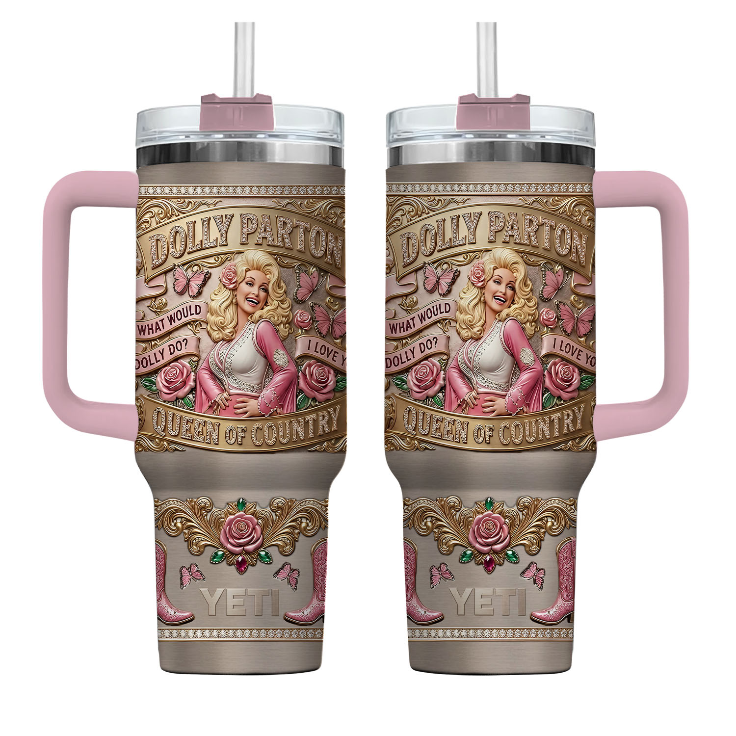 Dolly Parton Tumbler 40oz with Handle Queen of Country Pink Butterfly Roses Gift for Country Music Fans What Would Dolly Do Insulated Mug