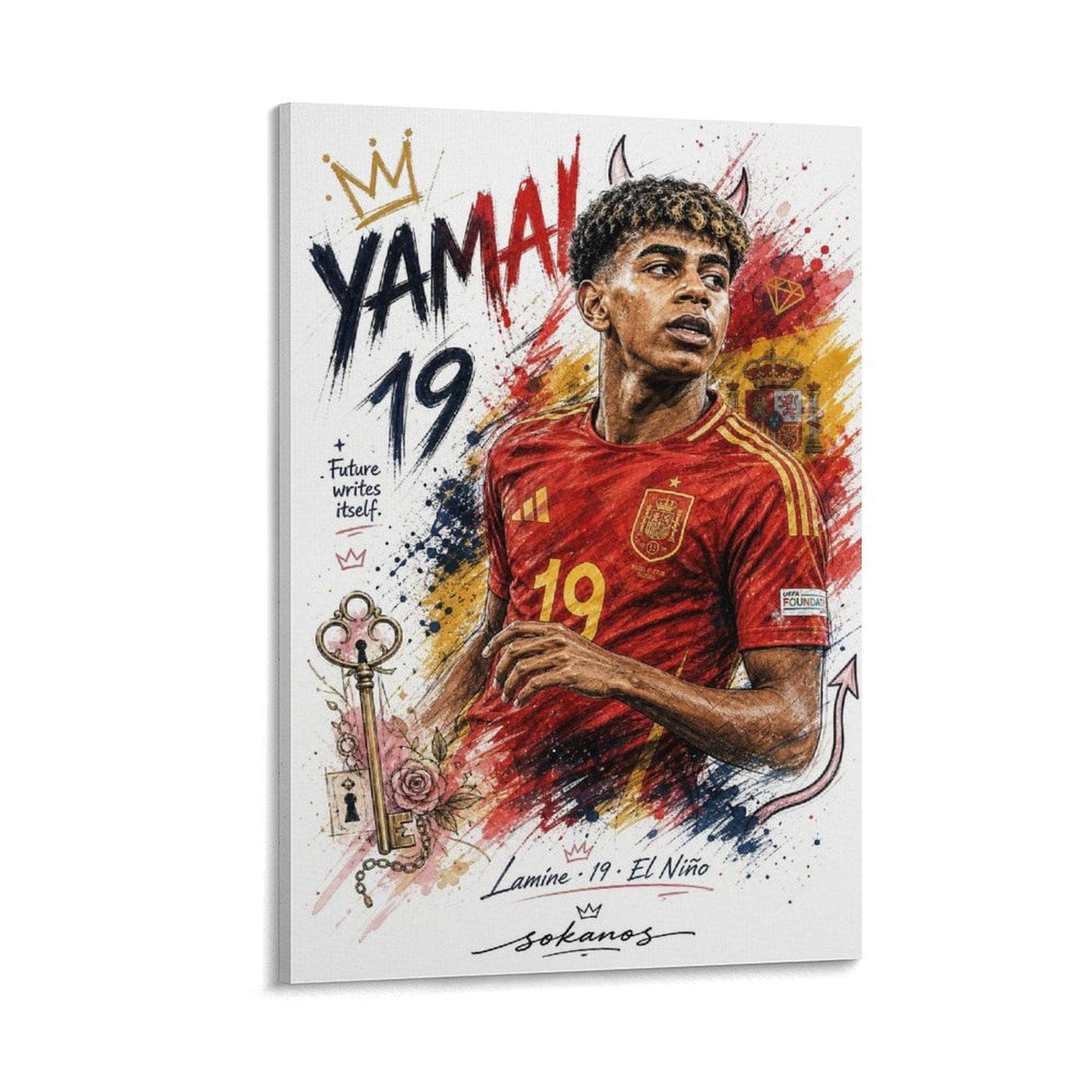 Lamine Yamal Canvas Poster, Spain Football Wall Art, Red Yellow Soccer Player Illustration, Sports Bedroom Canvas Decor