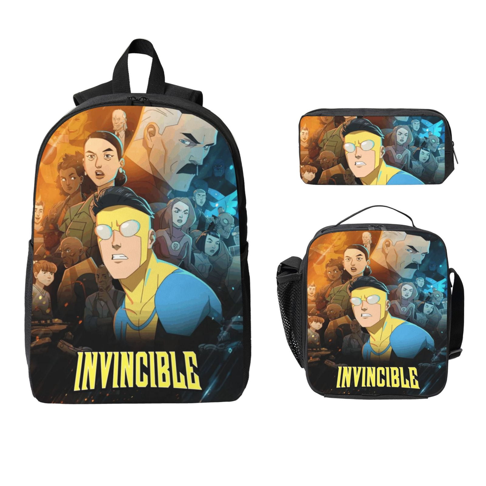 Cartoon Hero Invincible 3-Piece Backpack Set, Daypack with Lunch Box and Pencil Case, College Travel Bag