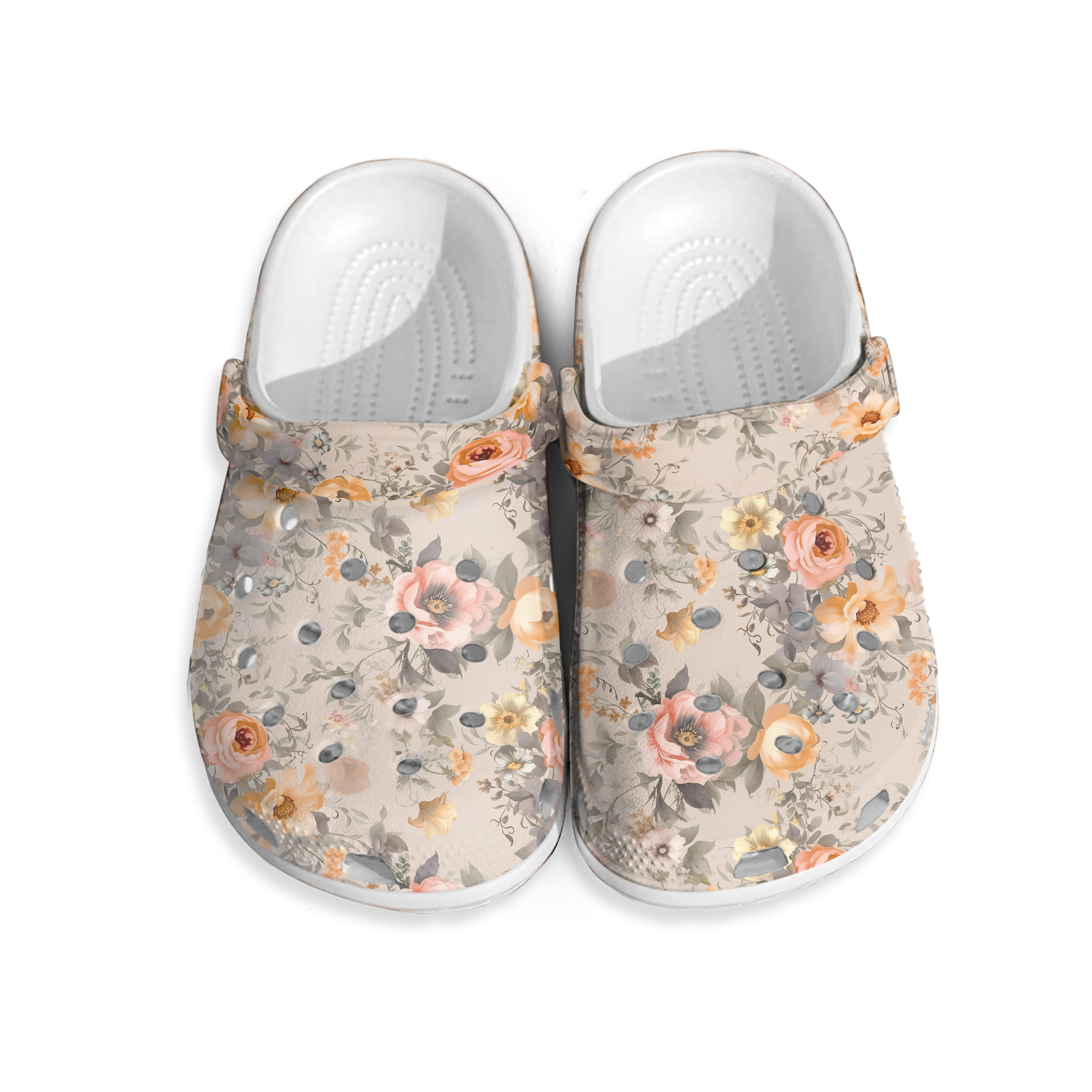 Beige Women - Men Floral Design Clogs, Vintage Flower Clogs Kids, Floral Motif Slippers, Slip-On Shoes, Floral Pattern Mules