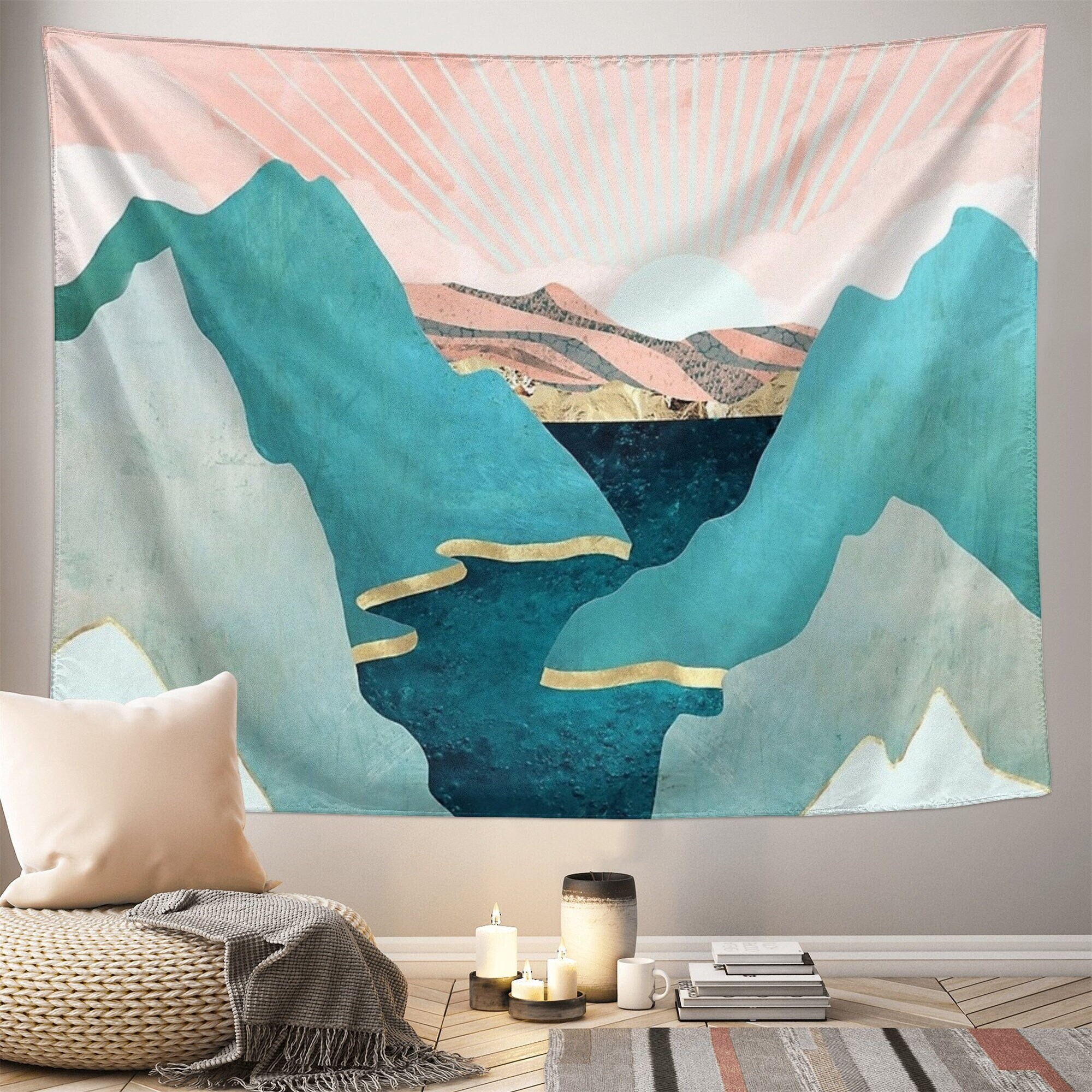 Boho Tapestry Mountain Sun - Sunrise Sunset Landscape Nature Tapestries