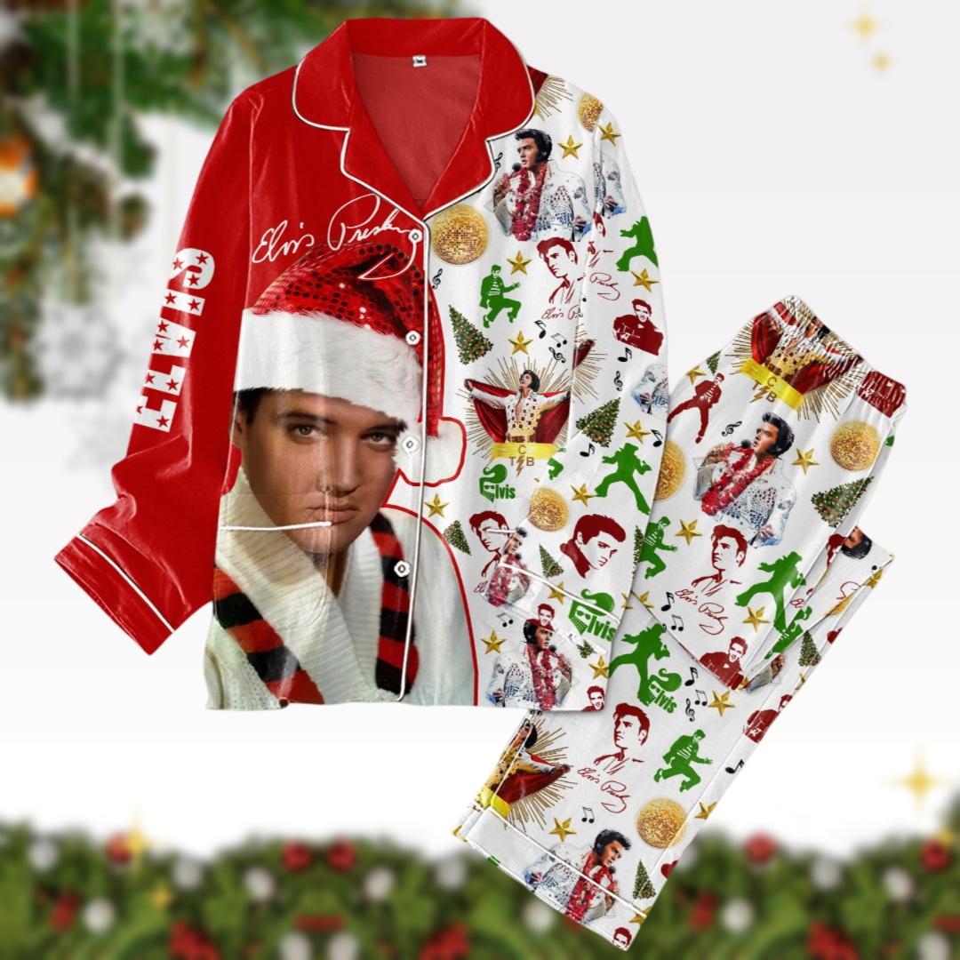 Elvis Presley Christmas Pajamas, King Of Rock N Roll Pajamas Pants, Elvis The King Santa Hat Pj Set, Music Concert Matching Family Pjs