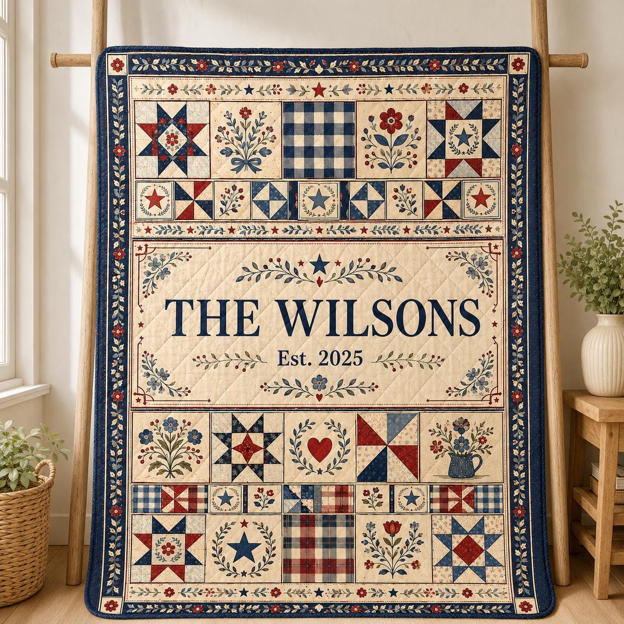 Personalized Americana Quilt Blanket, Custom Family Name Patriotic Throw, Red White Blue Farmhouse Quilt