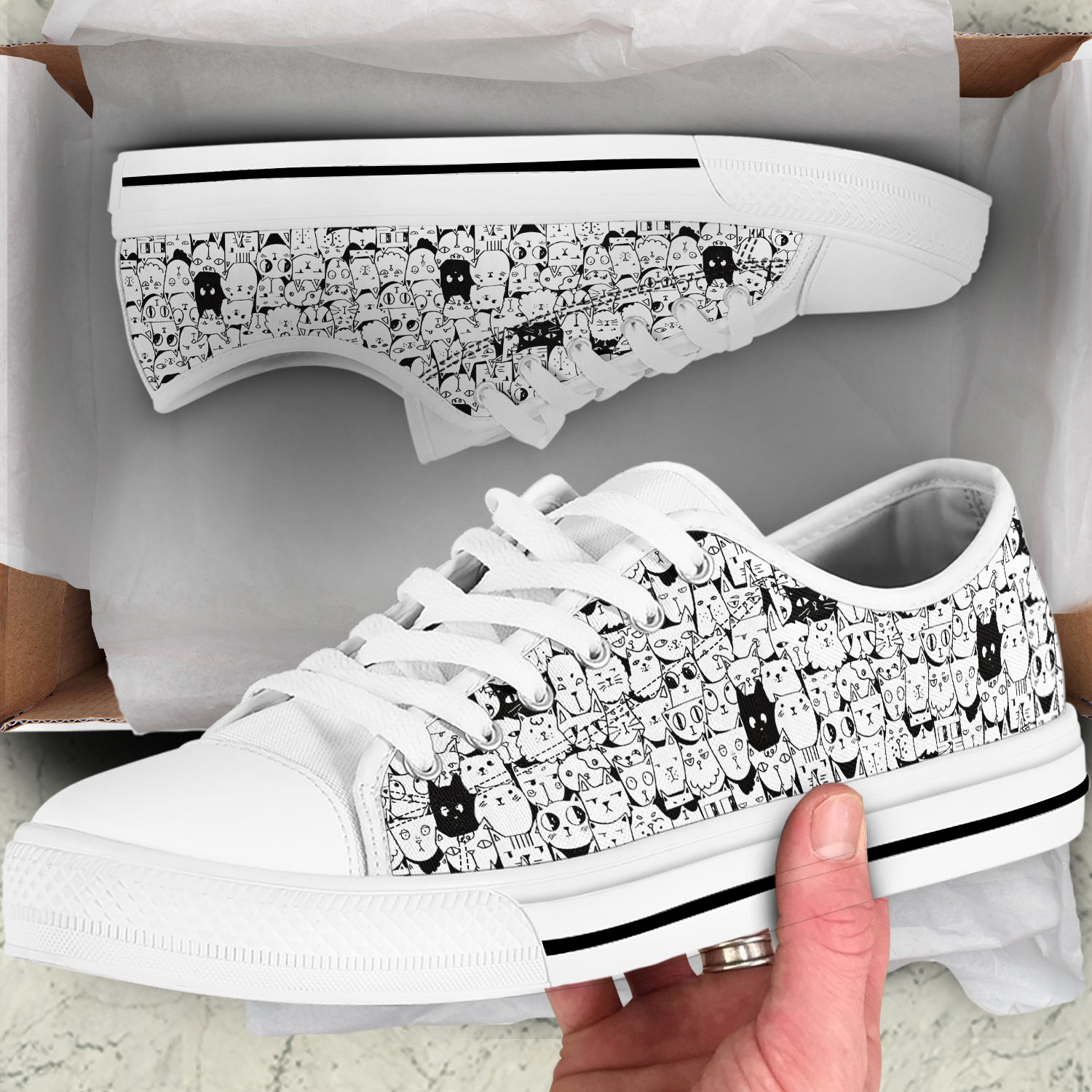 Cat Sneakers for Women's Custom Low Top Sneakers Back shoe personalized Gift for cat Lovers white lace Athletic Men shoe