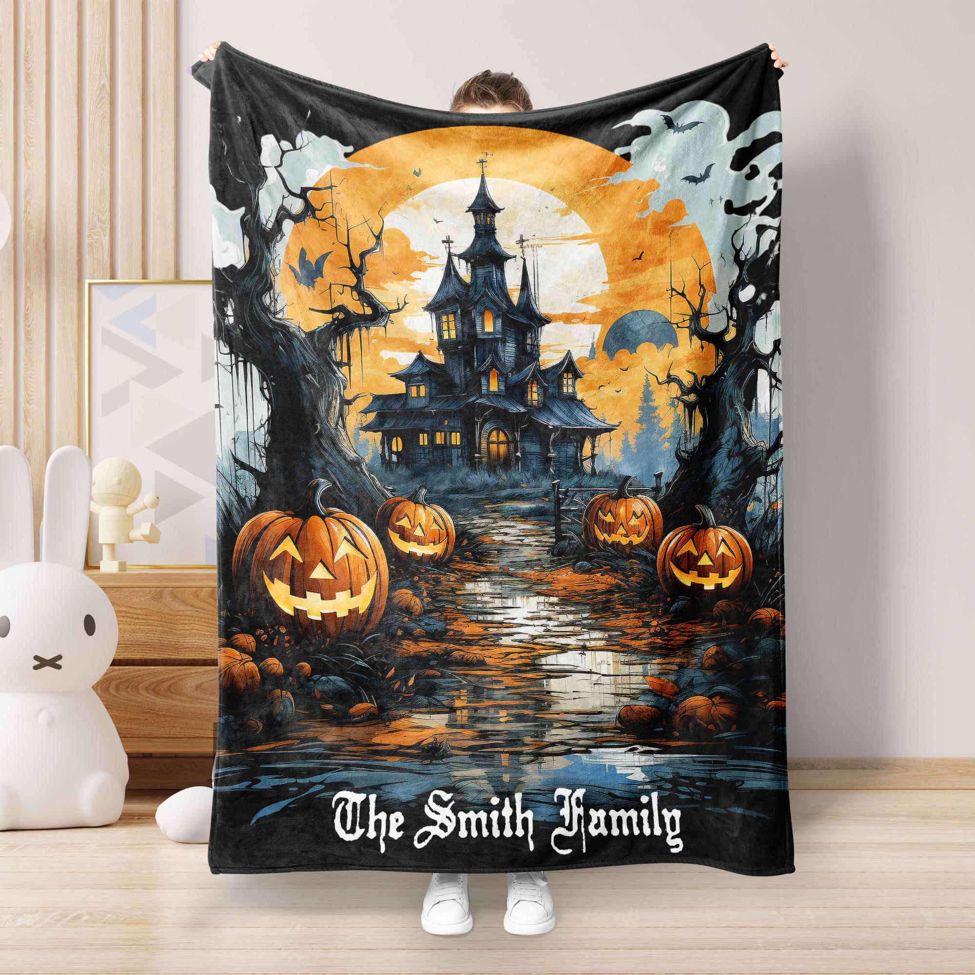 Personalized Haunted House Blanket, Custom Family Name Halloween , Halloween Home Decor, Halloween Lover Gift, Abandoned House