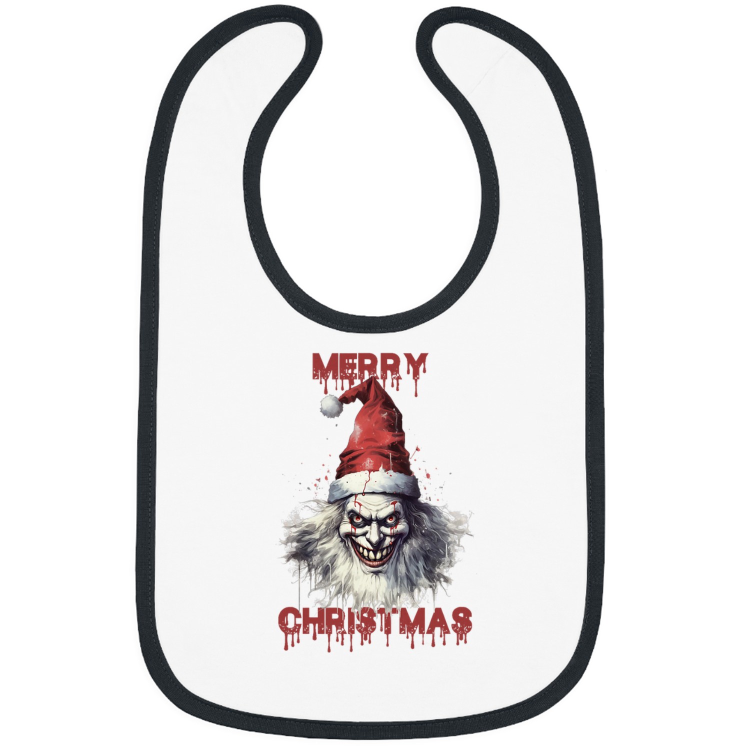 Evil looking clown with sharp teeth wearing a Santa hat Bibs