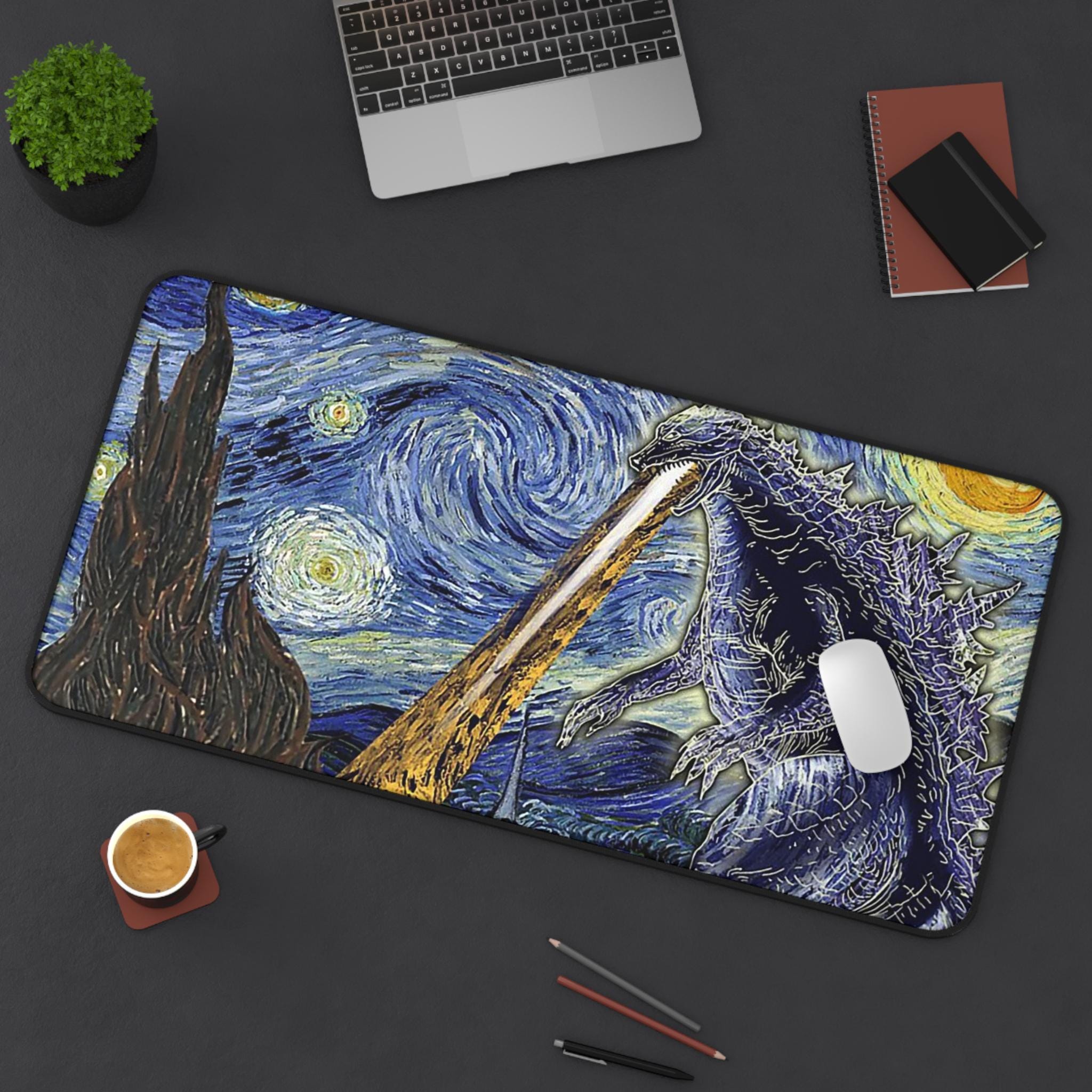 Van Gogh Starry Night Funny Mouse Pad god zilla & Vincent, XXL Extended Gaming Mat, Art-Inspired Desk Mat
