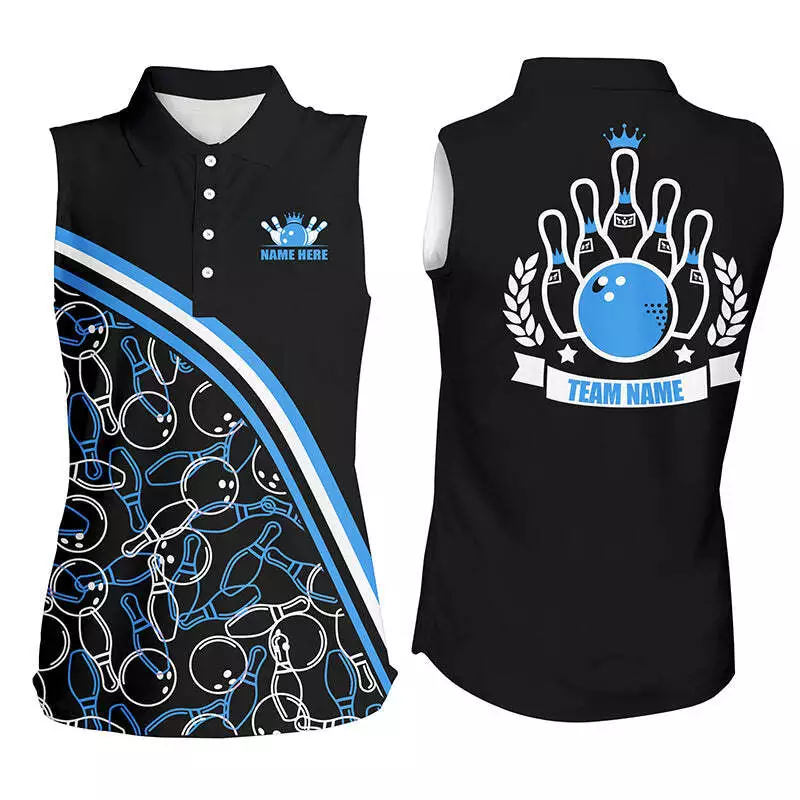 Personalized Bowling Sleeveless Polo Shirt Custom Name Black Blue Bowling Patter