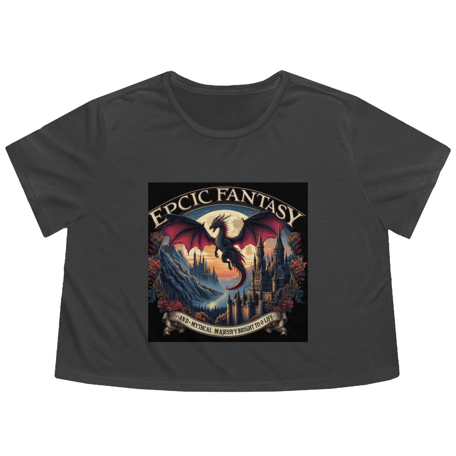 Epic Fantasy Dragon Castle Illustration Flowy Cropped Tees