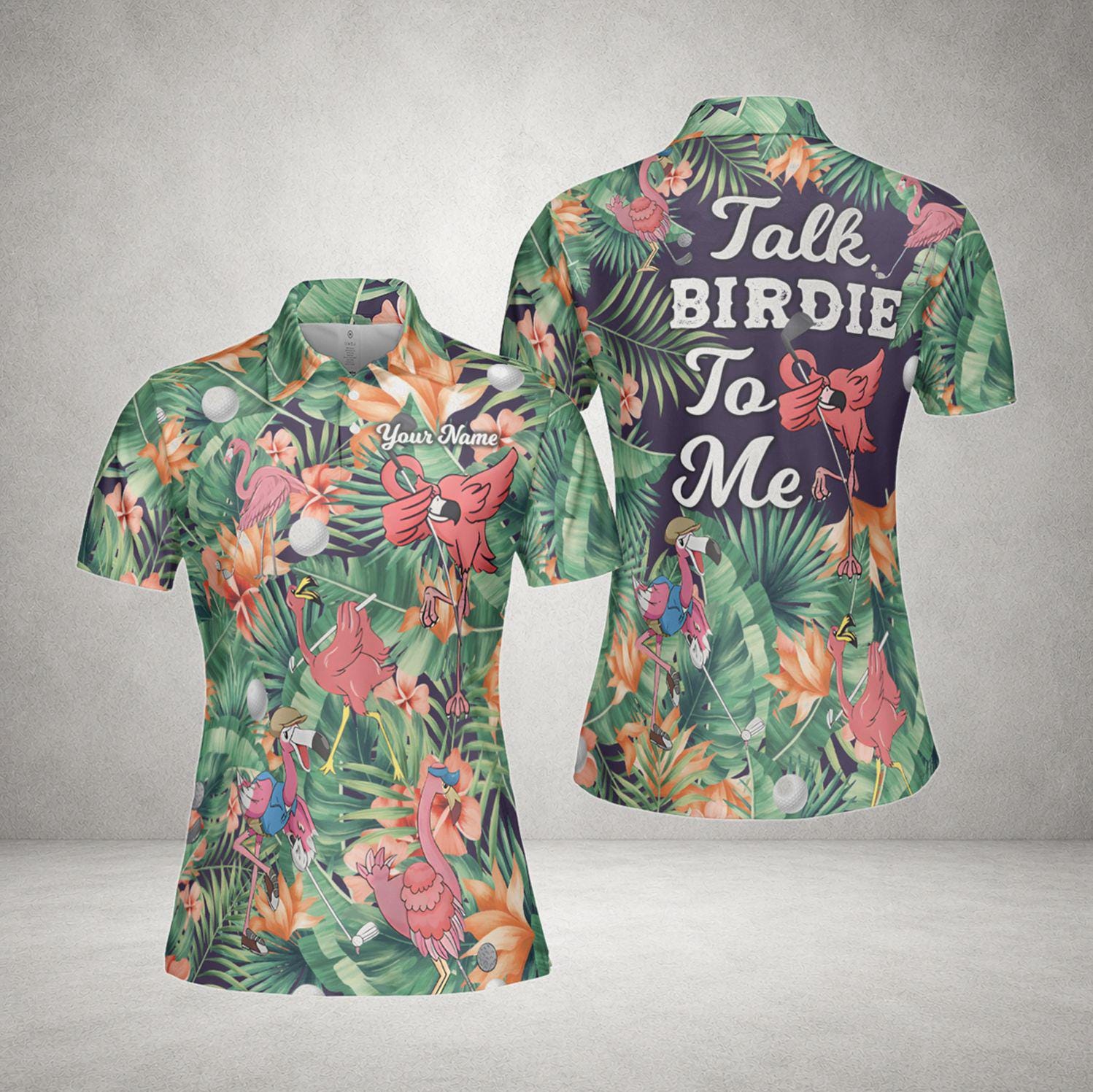 Women's Custom Flamingo Golf Polo Shirt, Tropical Hawaiian Style, Funny Birdie Talk Design, Personalized Golf Lover Gift