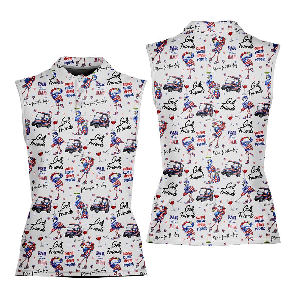 Women's Sleeveless Polo Shirt, 4th of July USA Flamingo Golf Cart Pattern, Independence Day Golf Top
