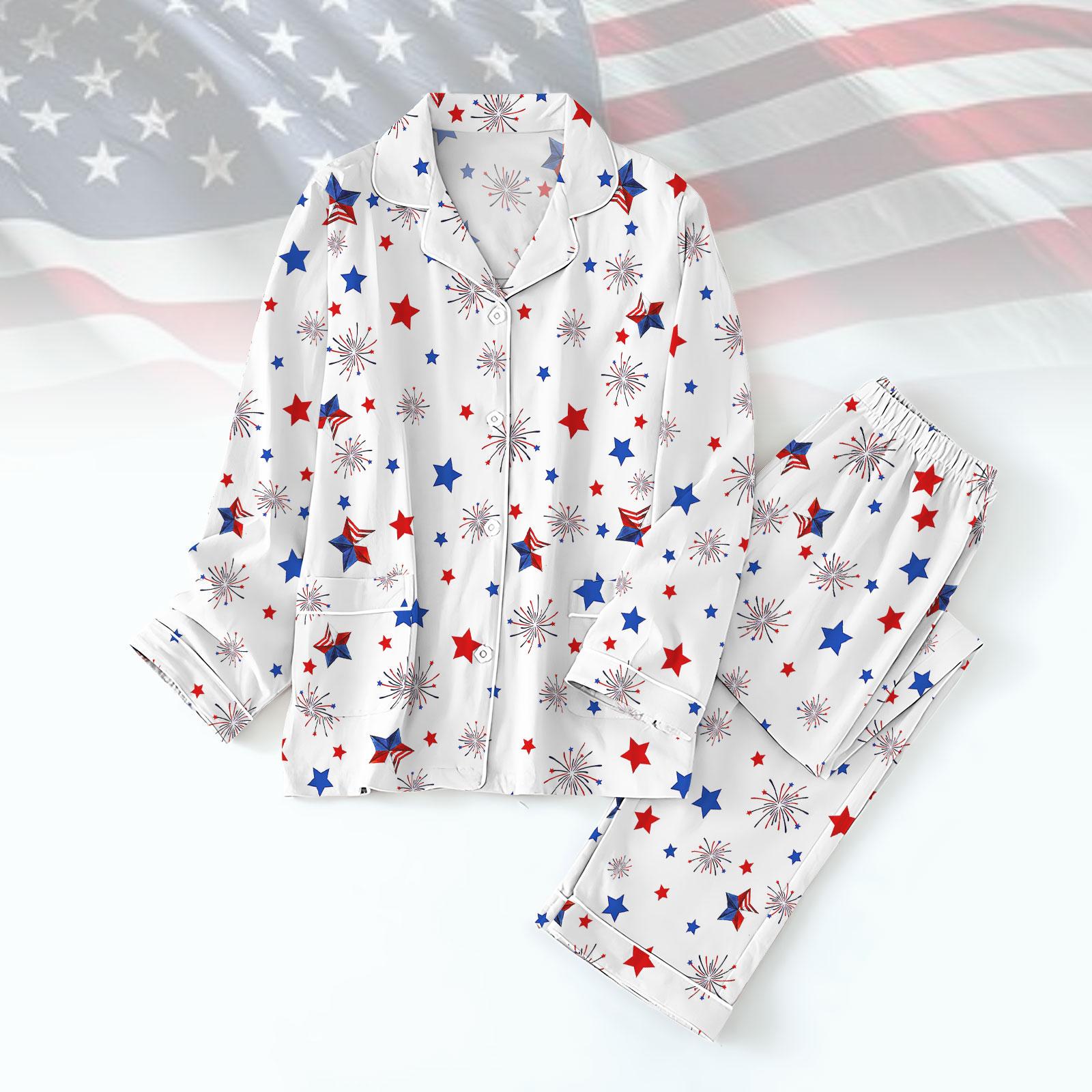USA Firework Pajamas Set for Women, 4th of July Sleepwear, Red White Blue Matching Family Pajamas