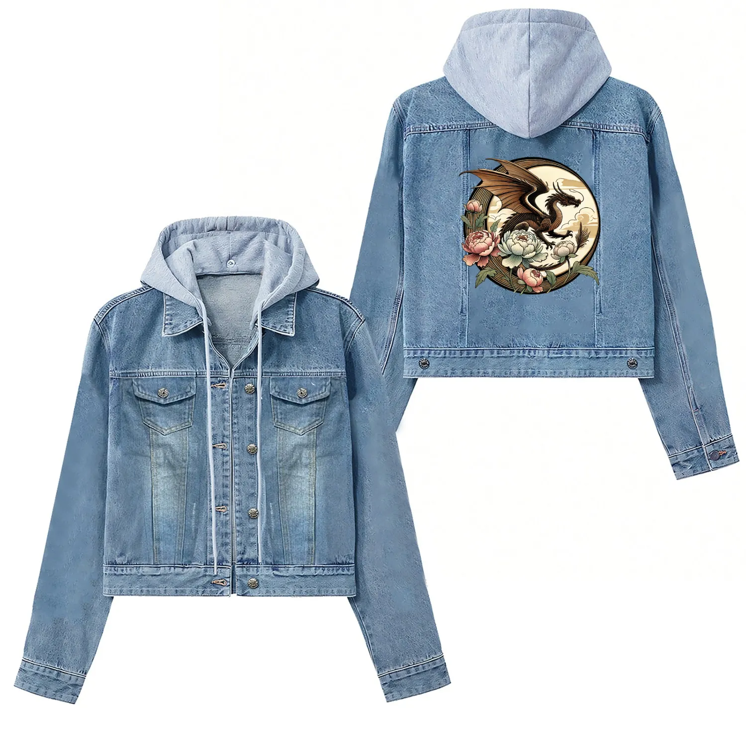Majestic Dragon with Floral Motifs Women's Denim Jackets
