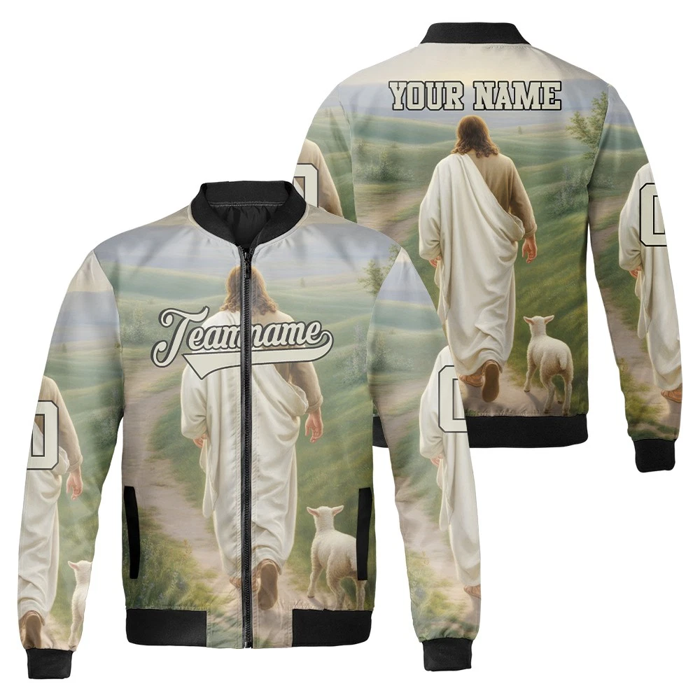 Personalized Jesus & Lamb Christmas Gift Faith In God Christian Bomber Jacket