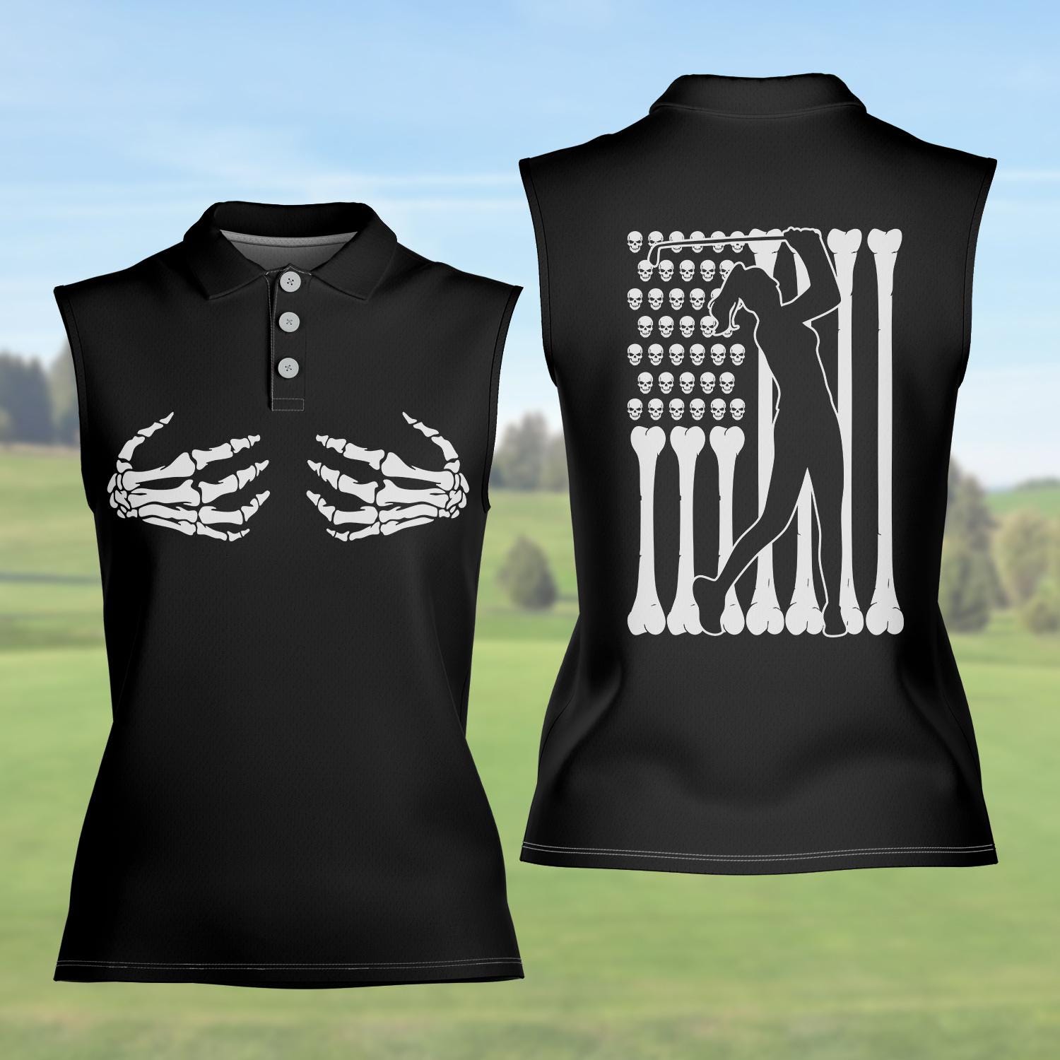 Women's Sleeveless Skeleton Golf Polo Shirt, Spooky Halloween Skull Bones Print Scary Sports Top for Golf Lovers