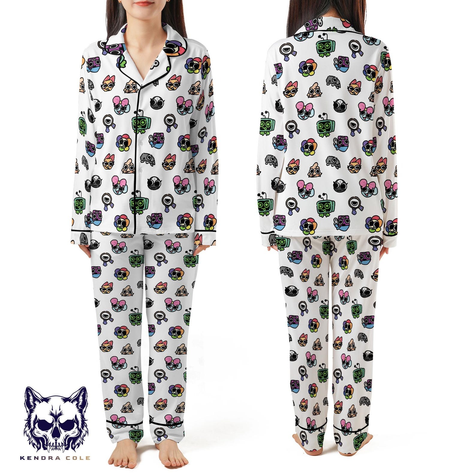 Dandys World Character Pajama Set, Colorful Cartoon PJs, Long Sleeve Button-Up Sleepwear