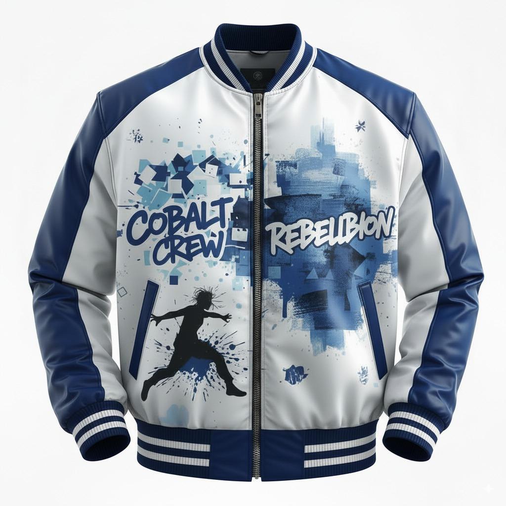 Handmade Men's Fleece Varsity Jacket Blue White Sublimation Bomber Motorcycle Biker Streetwear Sports Jacket