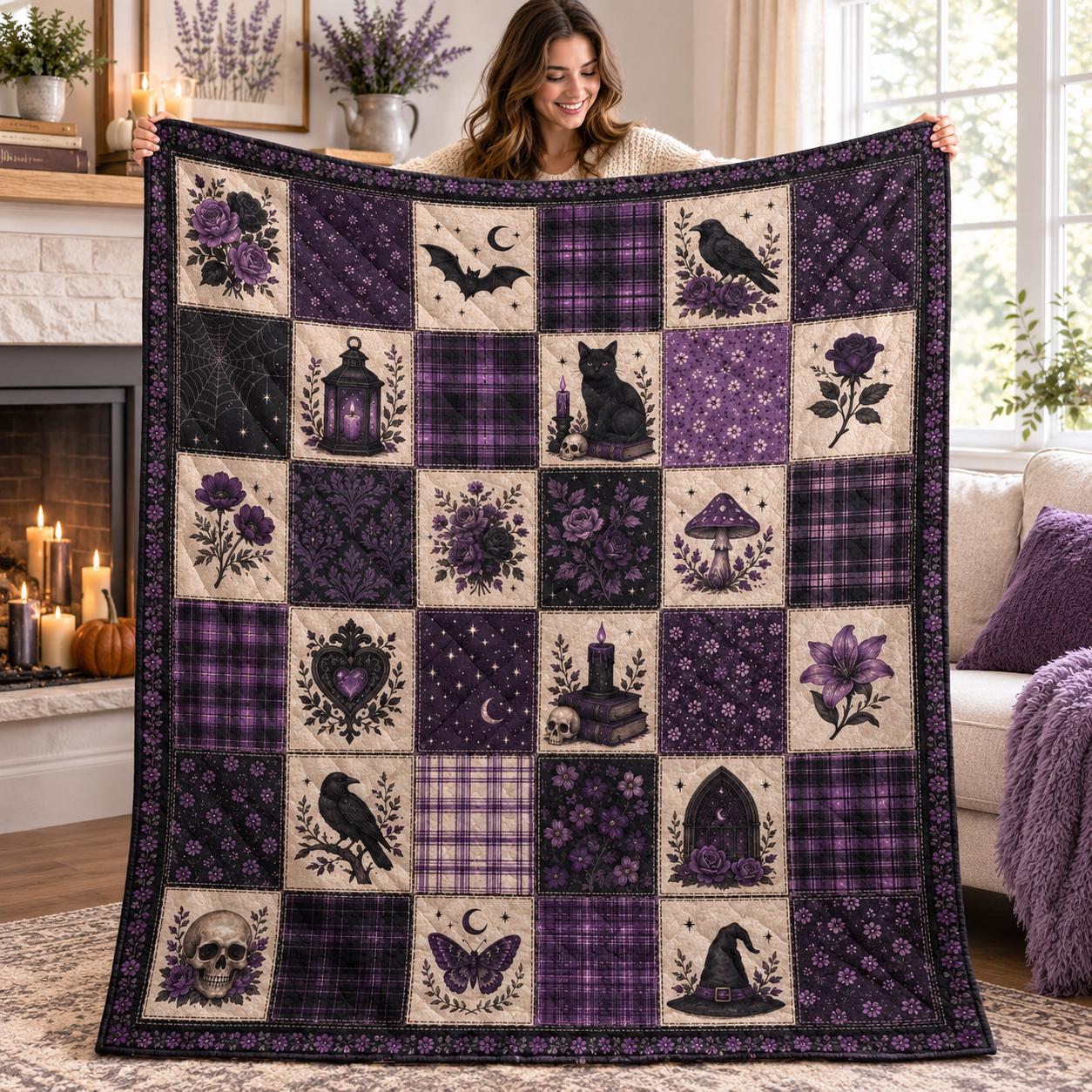 Purple Gothic Quilt Blanket, Halloween Witch Floral Throw Blanket, Black Cat Raven Spooky Quilt, Dark Cottagecore Home Decor