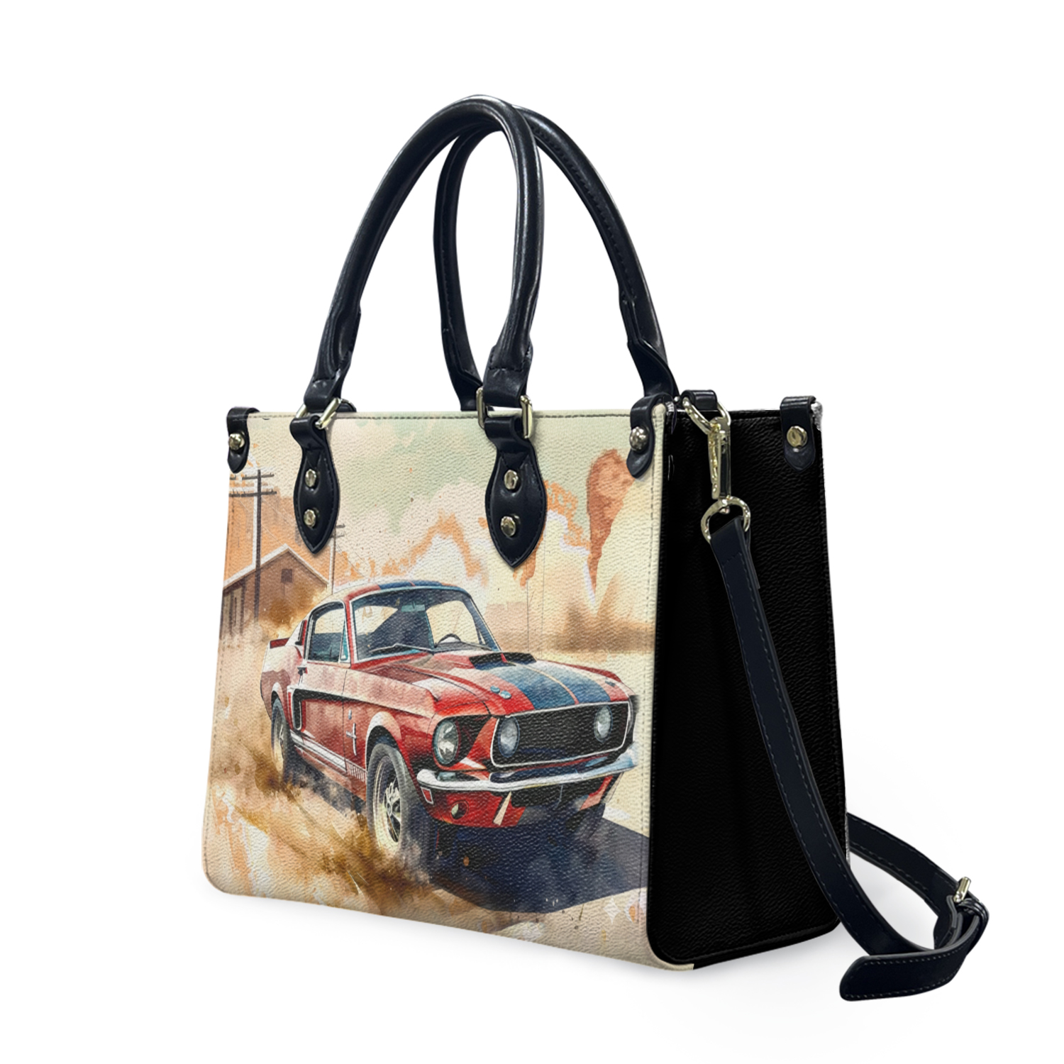 Classic Muacle Car Print Handbag, Vintage Car Print Purse, Retro, Classic Car Handbag