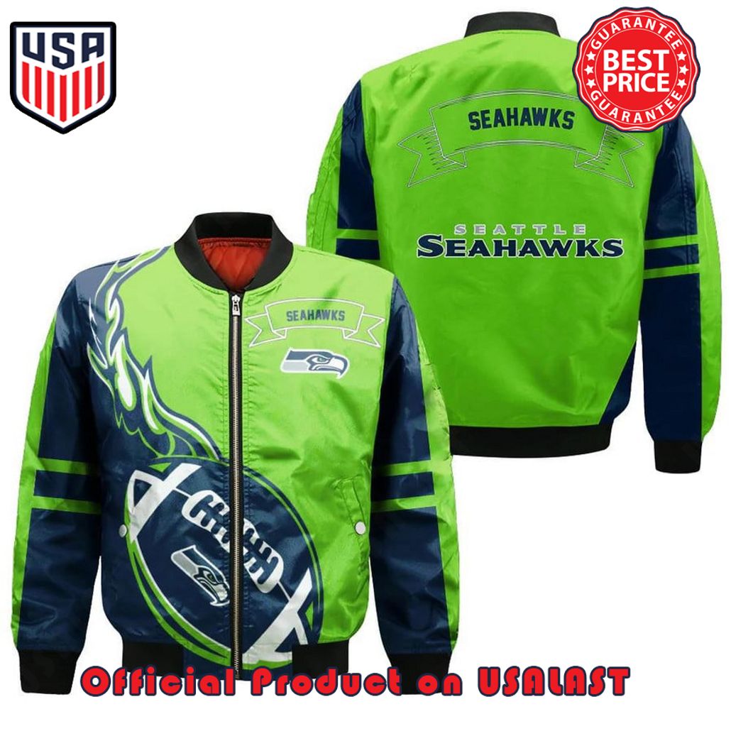 SEATTLE SEAHAWKS BOMBER JACKET 3D PRINTED FLAME BALL PATTERN