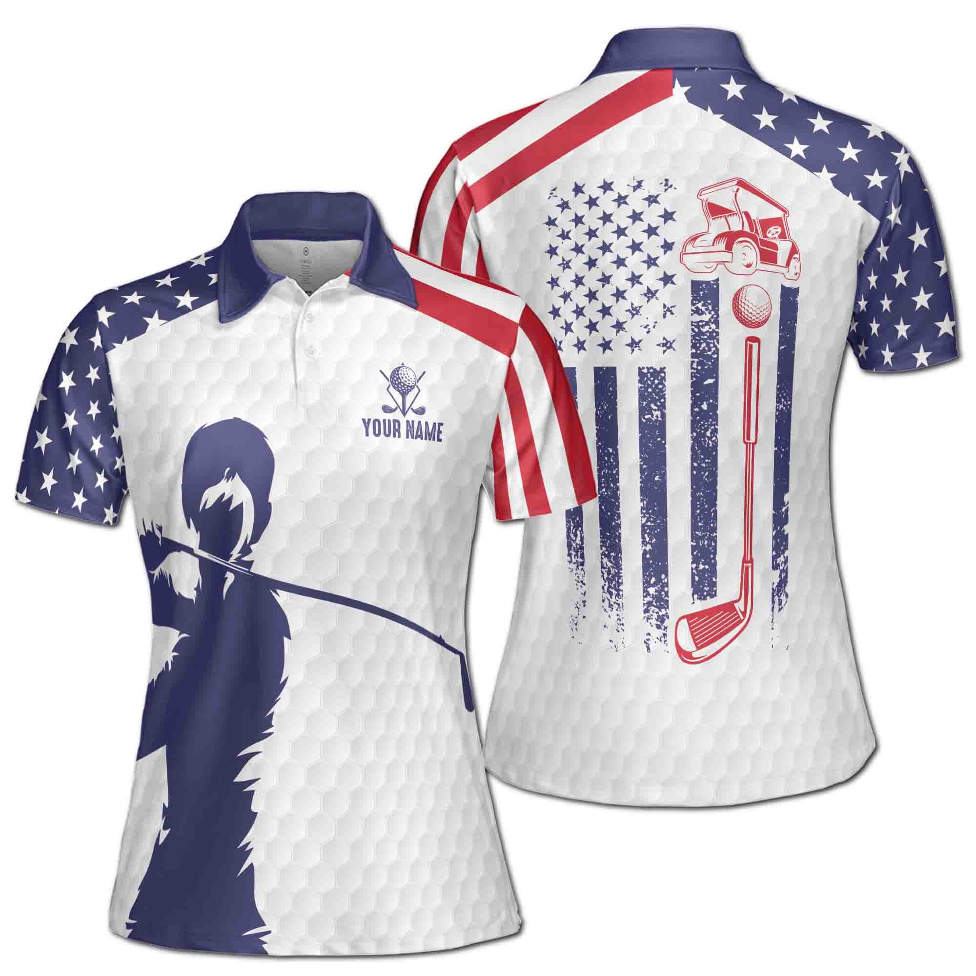Custom Name Patriotic American Lady Golfer Women's Polo Shirt