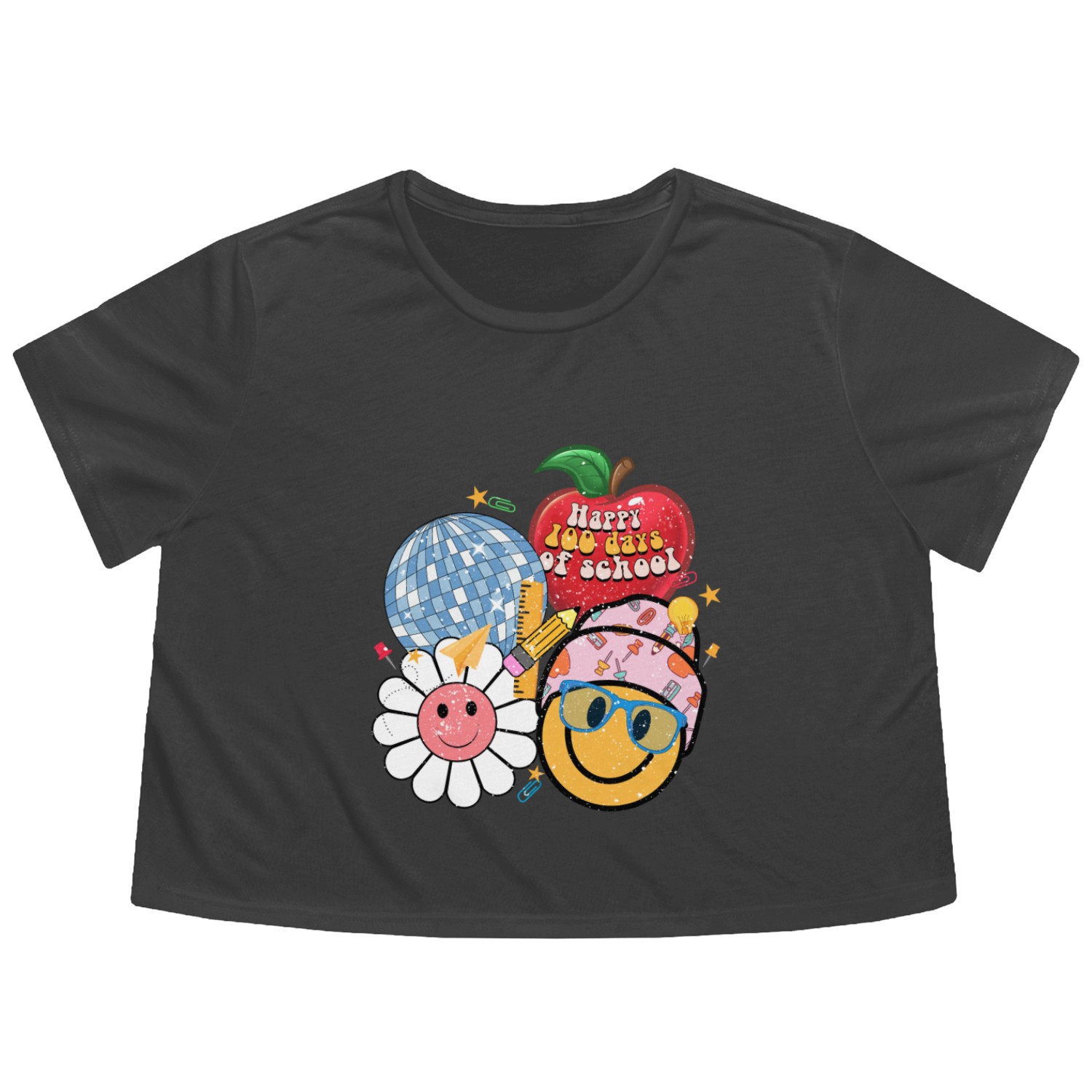 Happy 100 Days Of School Retro Groovy Face Flowy Cropped Tees