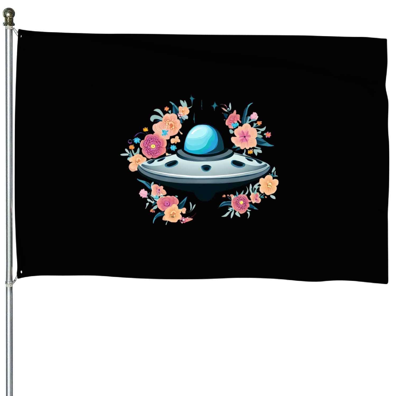 UFO surrounded by flowers House Flags